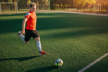 Wall Mural - Young man running on lawn. He is going to kick ball. Guy exercising. Sun is shining outside.