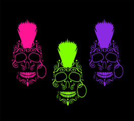 Punk skull icon with Mohawk, 3 neon colors, green, pink and purple background vector