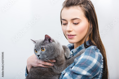 Beautiful Young Woman Holding Adorable British Shorthair Cat Buy