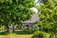Rural House Hidden In Trees In Summer Nature Landscape With Blossoming Garden Green Grassy Meadow In Latvia, Europe. Colourful Clothes Hanging Outdoor To Dry. Selective Focus On House, Blurred Trees.