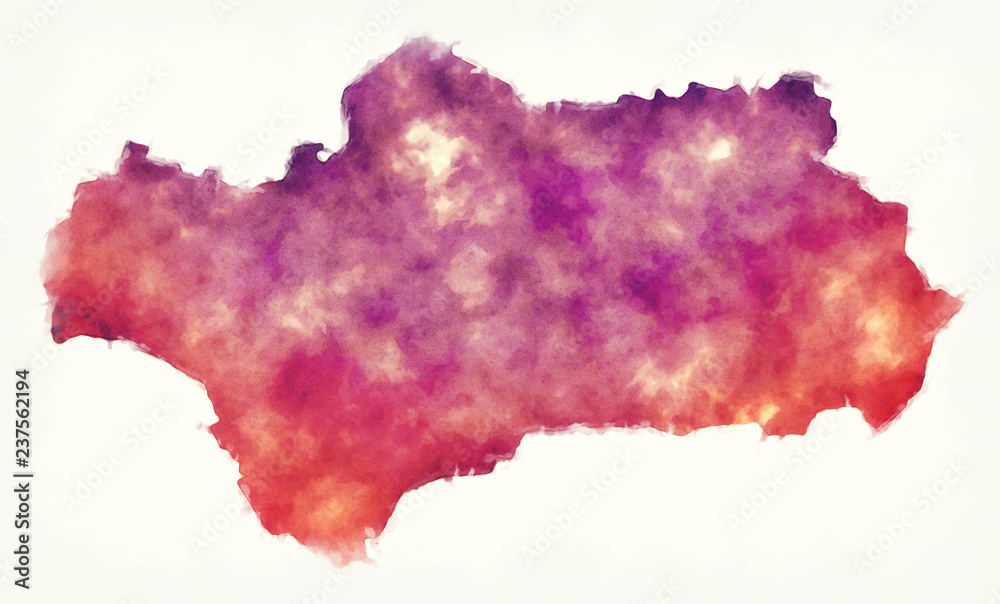 Andalusia region watercolor map of Spain in front of a white background ...
