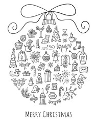Wall Mural - christmas ball made from hand-drawn holiday symbols. template for xmas design.vector decoration elem