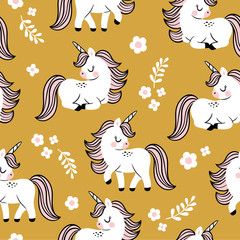 Hand drawn seamless vector pattern with cute baby unicorns and flowers on yellow background. Perfect for fabric, wrapping paper or nursery decor.