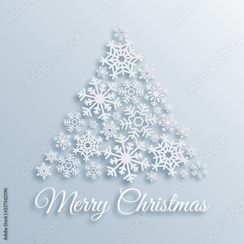 Paper Style Merry Christmas Greeting Card With Christmas Tree Made Of White Snowflakes Xmas Vector Background Template Elegant Poster Decoration New Year Winter Holidays Design For Celebration Buy This Stock Vector