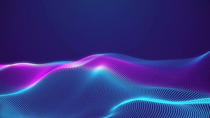 Poster - abstract loopable blue and violet cg motion waving dots texture with glowing defocused particles. ne
