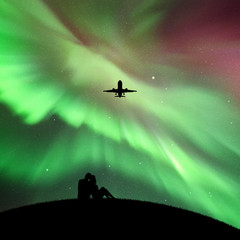 Sticker - Lovers and flying aircraft in park at night. Vector illustration with silhouette of couple sitting on hill. Northern lights in starry sky. Colorful aurora borealis