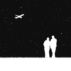 Sticker - old lovers and flying aircraft in park at night. vector illustration with silhouette of elderly coup