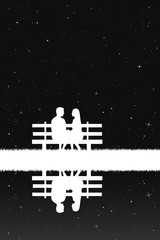 Sticker - Lovers sitting on bench in park at night. Vector illustration with silhouette of loving couple under starry sky. Inverted black and white
