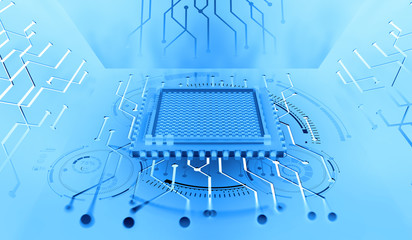 Poster - Processor of the future. Concept of global cyberspace. Innovations in computer nanotechnology. 3D illustration of an abstract microchip