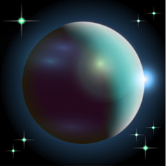Wall Mural - Abstract universe with planets and bright stars. Effects of halo light on a dark background, flashes of light. Vector space illustration.