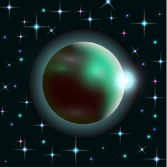 Wall Mural - Abstract universe with planets and bright stars. Effects of halo light on a dark background, flashes of light. Vector space illustration.