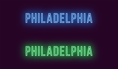 Wall Mural - Neon name of Philadelphia city in USA. Vector text