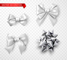 Set Of White And Silver Satin 3d Bows Isolated On Transparent Background.
