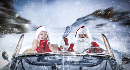 Poster - Santa Claus car and winter road 