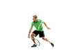 © master1305 - The one caucasian man playing tennis isolated on white background. Studio shot of fit young player at studio in motion or movement during sport game..