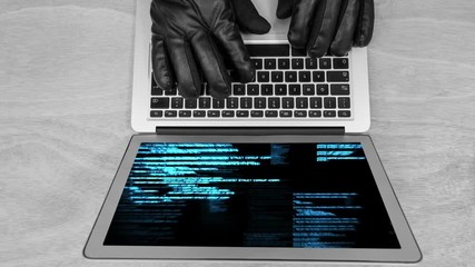 Poster - Didital animation of hackers hands on the laptop keyboard 4K
