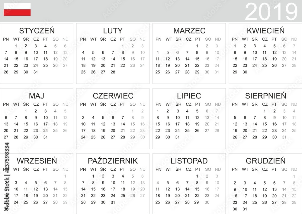 Kalendarz 2019 język polski PL - obrazy, fototapety, plakaty 