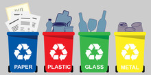 Four Selective Waste Bins For  Paper, Plastic, Glass, Metal