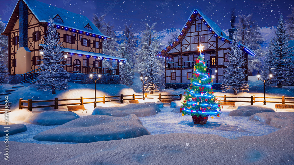 Magical Christmas night in cozy alpine village high in snowy mountains ...