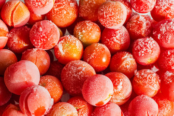 Frozen tomatoes covered with hoarfrost. close-up.