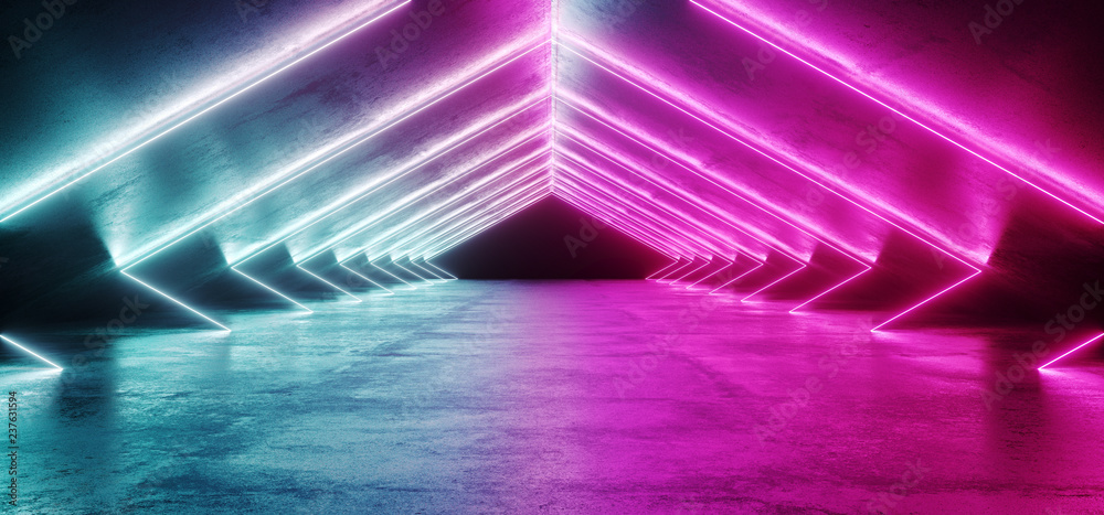 Abstract Shaped Sci Fi Futuristic Modern Vibrant Glowing Neon Purple Pink Blue Laser Tube Lights In Long Dark Empty Grunge Texture Concrete Tunnel Background 3D Rendering - obrazy, fototapety, plakaty 