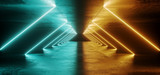 Fototapeta  - Sci Fi Abstract Futuristic Modern Dark Empty Grunge Textured Concrete Long Corridor Tunnel With Triangle  Neon Led Laser Tube Light Lines Glowing Orange And Blue With Reflections 3D Rendering