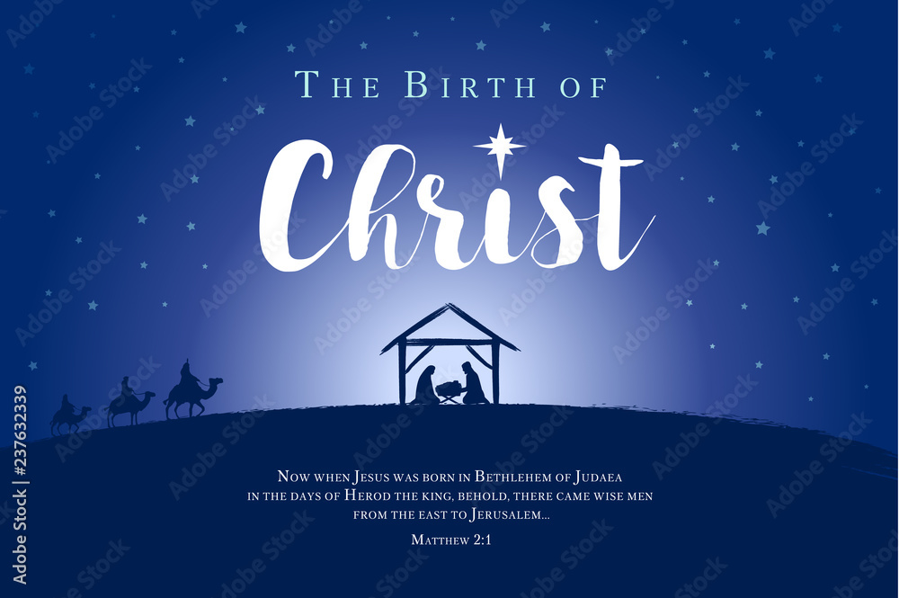 Merry Christmas, birth of Christ banner. Nativity scene of baby Jesus ...