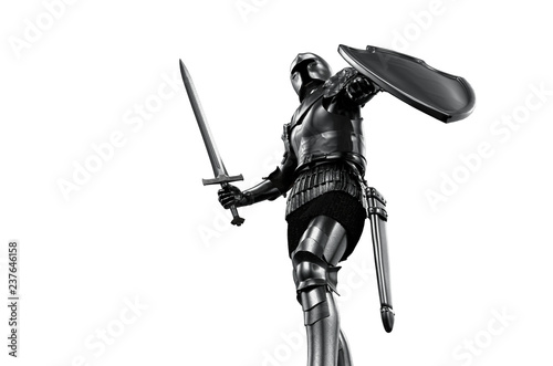 Fotografía knight in armor with sword on white background