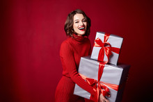 Beautiful Young Sexy Woman Thin Slim Body Evening Makeup Fashionable Stylish Dress Clothing Collection, Brunette, Gifts Boxes Red Silk Bows Holiday Party Birthday New Year Christmas Valentine's Day.