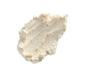 Smear of tasty cream cheese on white background, top view