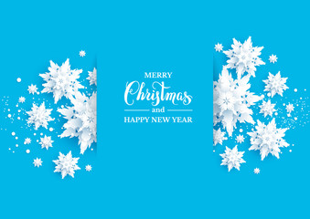 Fotobehang - Realistic shine Banner with place for text template. Paper cut snowflakes decoration background.