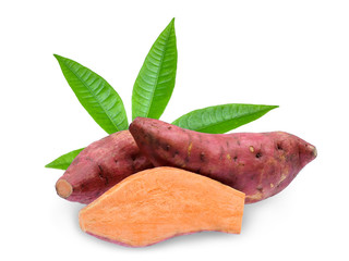 Poster - raw sweet potatoes with leaf isolated on white background