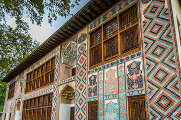 Shaki, Azerbaijan - Oct 14th 2018 - The mosaic details of the Shaki summer palace in a summer blue sky day in Azerbaijan