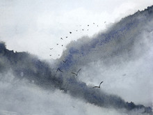 Watercolor Misty Landscape Mountain Fog And Birds Flying In The Sky. Traditional Oriental Ink Asia Art Style