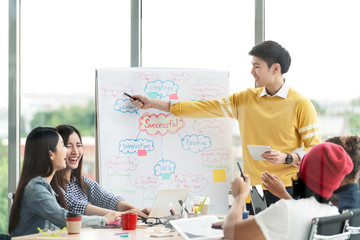 Wall Mural - Young asian creative businessman standing and making presentation at modern office happy talking and brainstorming with team by pointing ideas on flipchart. Casual people business meeting concept.