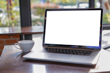 Fototapete - blank white screen workspace, Laptop computer advertising text message