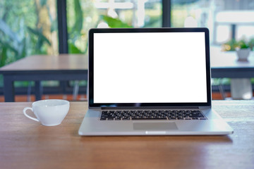 Fototapete - blank white screen workspace, Laptop computer advertising text message