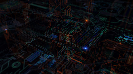 Poster - 3d abstract complex technology background. high detailed elements in 3d space with depth of field ef
