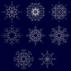 Vector collection of artistic icy abstract crystal snow flakes isolated on background as winter december decoration group or collection. Ice or frost beautiful star ornament silhouette or season art