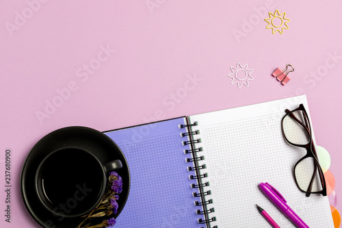 Foto Flat lay composition with stationery on pink background