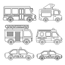 Vector Set Of Special Transport. Coloring Book  For Kids.