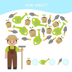 Wall Mural - Counting educational children game, math kids activity sheet. How many objects task. Cartoon gardener and equipment.