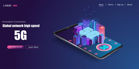 Poster - 5G new wireless internet wifi connection. Smart city or intelligent building isometric vector concept. Building automation with computer networking illustration