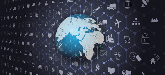 Wall Mural - Global world telecommunication network connected around planet Earth.Internet of things (IoT) and networking concept for connected devices