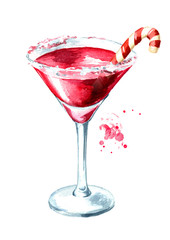 Red christmas martini with lollipop or candy cane. Watercolor hand drawn illustration, isolated on white background