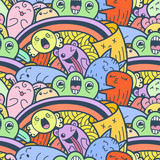 Fototapeta Dinusie - Funny doodle monsters seamless pattern for prints, designs and coloring books