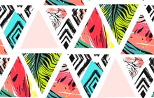 Hand Drawn Vector Abstract Unusual Summer Time Decoration Collage Seamless Pattern With Watermelon,aztec And Tropical Palm Leaves Motif Isolated On White Background