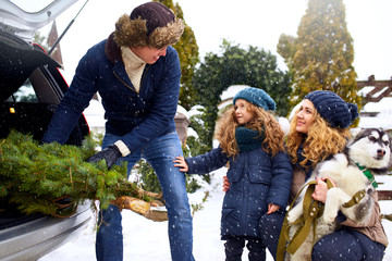 Father brought christmas tree in large trunk of SUV car. Daughter, mother and dog meet dad happily help him with holidays home decorations. Family prepares for new year together. Snowy winter outdoors