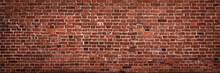 Panoramic View Of Empty, Old, Red Brick Wall Background With Copy Space