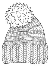 New Year And Christmas Theme. Black And White Graphic Doodle Hand Drawn Sketch For Adult Coloring Book. Hand Drawn Knitting Hat Sketch Symbol Isolated. Ethnic Pattern.